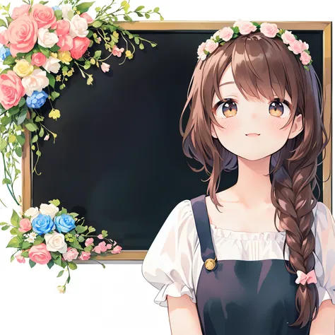 smile、anime girl with long hair and flower crown in front of a chalkboard, Blackboard bold happiness、embarrassed、Pastel Watercolor、fullbody,１girl：1.3、Photo of brown-eyed woman with cute smile、Full body Esbian：1.3、((Braid：2))、、spring wreath background、jump、...