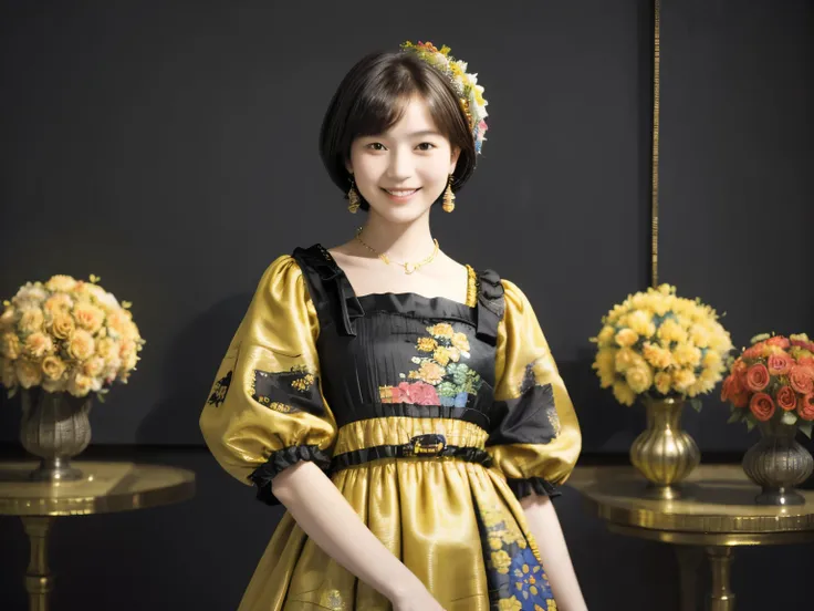 218 Short Hair, 20-year-old woman, A kind smile, Floral, (Colorful Dresses, Luxury palace), (Rembrandt painting)