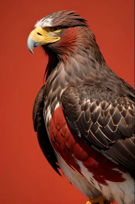 A red-feathered eagle，Camera front view，Solid color background