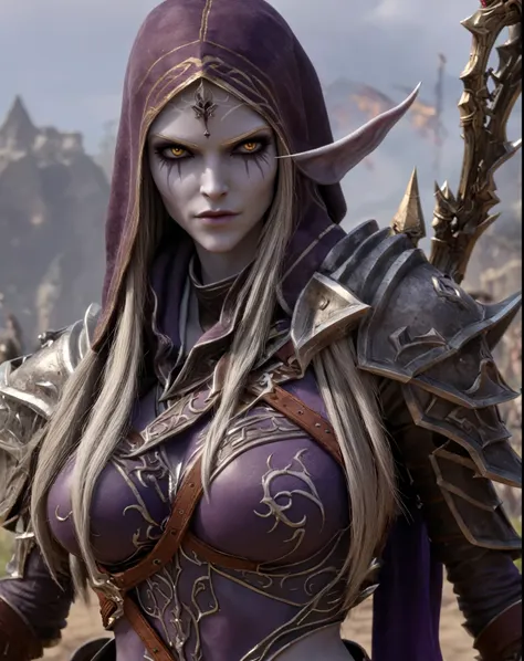 cinewow sylvanas windrunner,((masterpiece)),(best quality),awardwinning,trending on artstation cinematic,perfect body proportion...