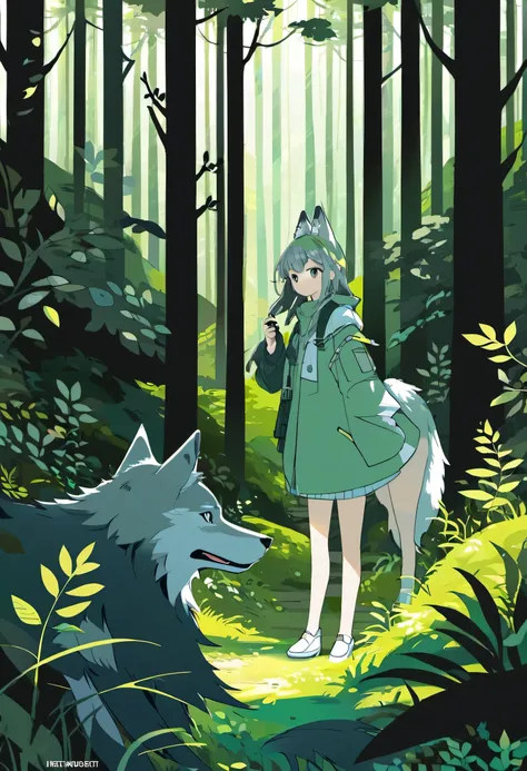 cover page, A girl and a wolf meet in the forest, flat Design, vector illustrations, graphic illustration, detailed 2d illustration, flat illustration, digital illustration, digital artwork,