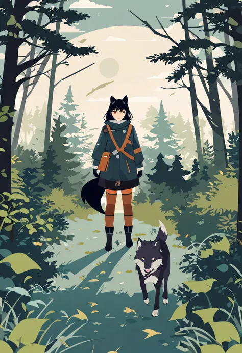 movie poster, A girl and a wolf meet in the forest, flat Design, vector illustrations, graphic illustration, detailed 2d illustration, flat illustration, digital illustration, digital artwork,