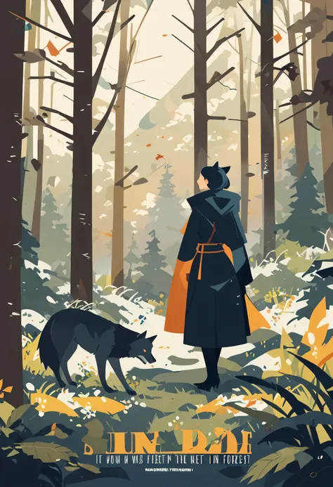 movie poster, a girl and a wolf meet in the forest, flat design, vector illustrations, graphic illustration, detailed 2d illustr...