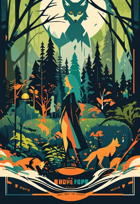 movie poster, A girl and a wolf meet in the forest, flat Design, vector illustrations, graphic illustration, detailed 2d illustration, flat illustration, digital illustration, digital artwork,