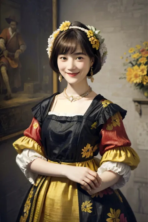218 Short Hair, 20-year-old woman, A kind smile, Floral, (Colorful Dresses, Luxury palace), (Rembrandt painting)