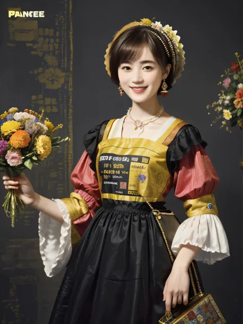 218 Short Hair, 20-year-old woman, A kind smile, Floral, (Colorful Dresses, Luxury palace), (Rembrandt painting)
