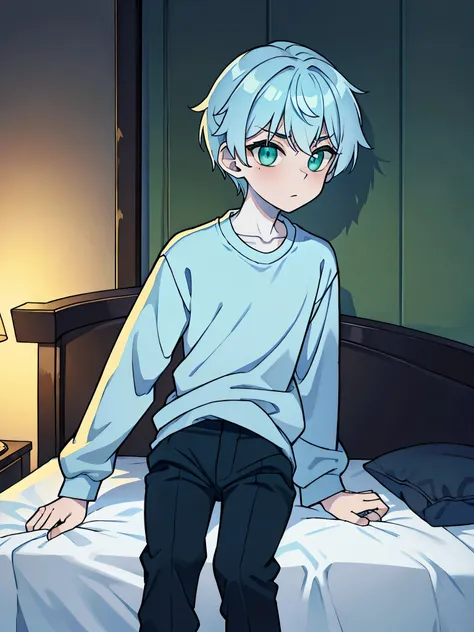 A 14 year old man named: Nathan, with light blue hair, green eyes, and white skin tone, sit in bed, wearing dark blue sweatshirt, black pants