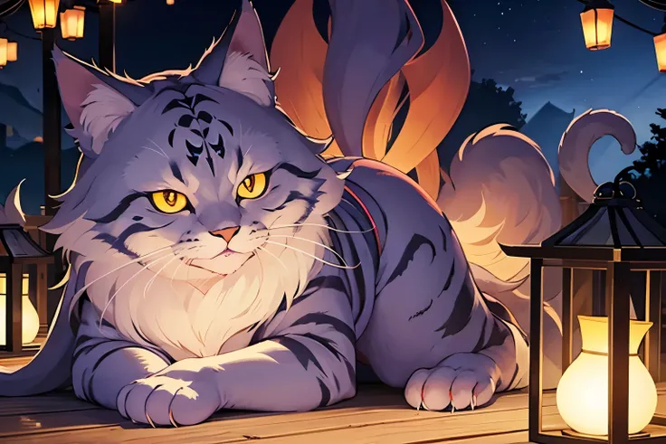 Top quality, monster cat illuminated by lanterns, eyes sparkling like jewels, fluffy body with two tails, monster, suspicious atmosphere