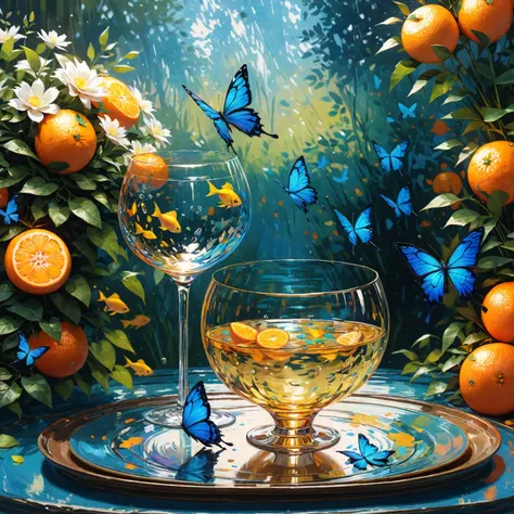 diy31,A vibrant acrylic painting featuring a blue butterfly dancing among the lush flowers of a garden, with a golden fish swimming freely in a clear glass cup. Detailed pattern on the plate containing the glass, with the blue butterflys delicate spotted w...