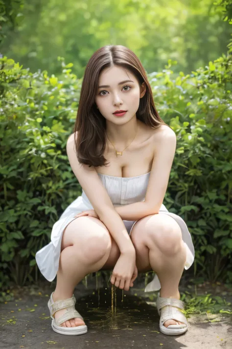 (masterpiece,best quality, photo-realistic:1.4),intricate details, exmetely detailed, portrait, depth of field, 1girl,solo,a 25yo Japanese female,(strapless, sleeveless, white dress, short dress, mini dress:1.4),choker,mule-sandals,(squat-position,spread l...