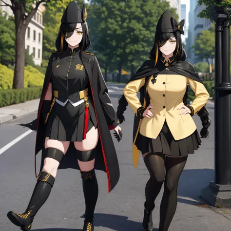 a woman wearing a black marching band uniform with gold details, black skirt, black boots, large black marching band hat with gold details, eye patch, black hair, yellow eyes, smiling, walking on a concrete sidewalk in a park, (woman solo), HDR, ultra reso...