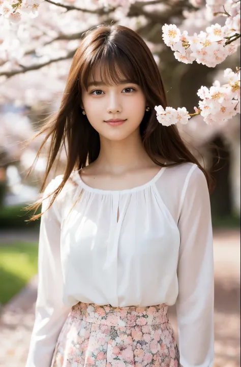 cherry blossom garden, spring, wind blowing, beautiful girl, upper body, stunningly beautiful face, stunningly beautiful eyes, (beautiful), feminine features, (high resolution, raw image: 1. 3), one girl, (attractive student, 17 years old), smiling, thin e...