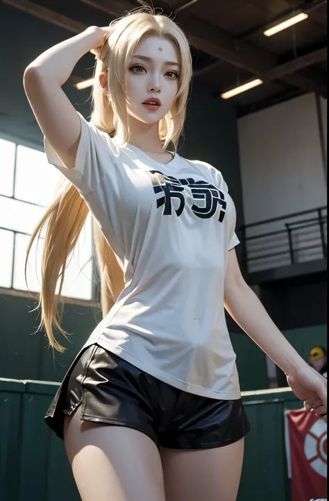 1 woman, tsunade senju in anime naruto shippuden, long hair , yellow hair, yellow eyes, big bust, laugh, happy, beautiful, cheerleader, Dance, wearing a red tight t-shirt, wearing white short hot pants, realistic clothes, detail clothes, baseball field aud...