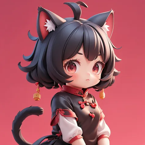 matte blind box，(red cheongsam)，simple background，best quality,cat ears