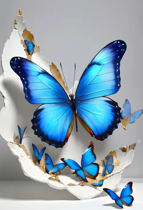 art work，3d，a delicate blue butterfly on a broken portrait，