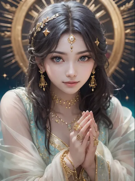 highest quality，masterpiece：1.2，detailed details，Beautiful young goddess(((Looking straight ahead)))(((Staring at me with big eyes)))，Smiling Kindly. She is meditating in prayer with folded hands. She was wearing a white dress with stars shining against th...