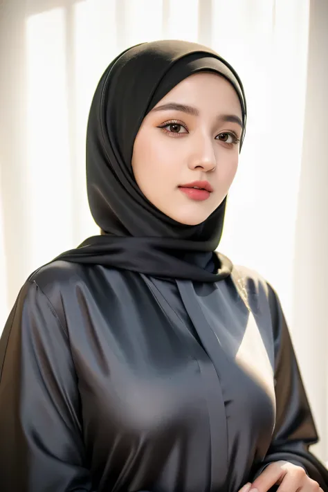 RAW photo of a 24 year old girl wearing hijab, satin abaya, satin, hijab face portrait, neutral background, 8k uhd, dslr, soft lighting, high quality, film grain, Fujifilm XT3, covered dress, decent dress, big tits :.