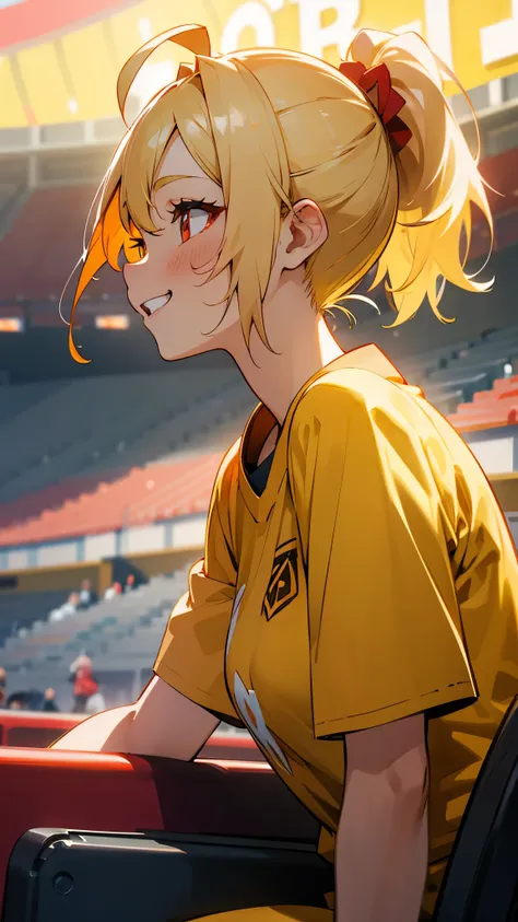 1 girl、anime painting、Blonde ponytail、Ahoge、Beautiful red eyes、Vibrant colors、yellow shirt、Happy smile、smile、profile、Upper body close-up、Stadium stand seating background