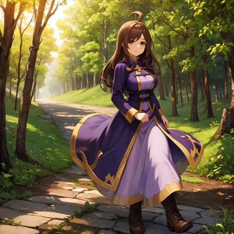 a woman wearing a purple sorceress dress, brown boots, brown hair, brown eyes, an ahoge, walking on a medieval road, with trees ...