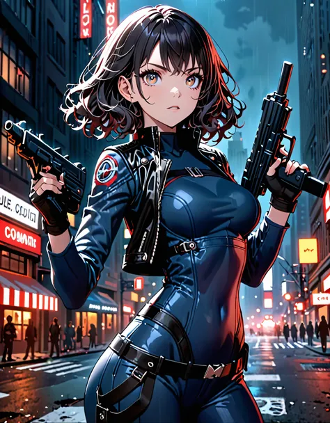 best quality, masterpiece, highres, 1girl, (solo, solo focus), (blue bodysuit, red bodice, black boots), carrying an uzi, (black leather jacket), fingerless gloves, black hair, short hair, wavy hair, hazel eyes, beautiful detailed eyes, beautiful detailed ...