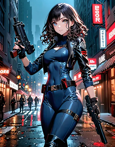 best quality, masterpiece, highres, 1girl, (solo, solo focus), (blue bodysuit, red bodice, black boots), carrying an uzi, (black...