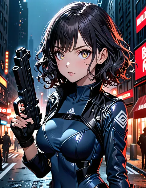 best quality, masterpiece, highres, 1girl, (solo, solo focus), (blue bodysuit, red bodice, black boots), carrying an uzi, (black leather jacket), fingerless gloves, black hair, short hair, wavy hair, hazel eyes, beautiful detailed eyes, beautiful detailed ...