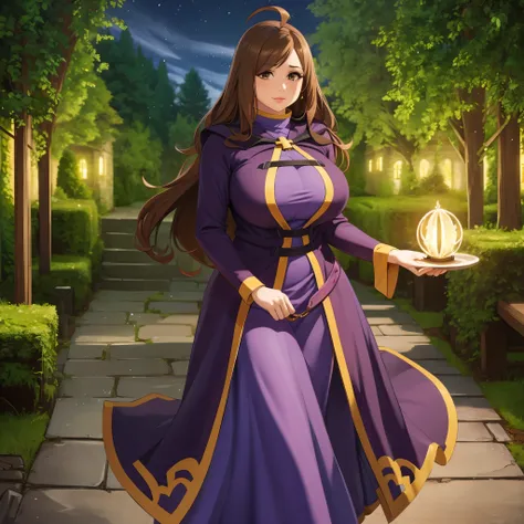 (a woman,beautiful detailed eyes,beautiful detailed lips,brown hair,brown eyes,an ahoge),(wearing,a purple sorceress dress,brown...