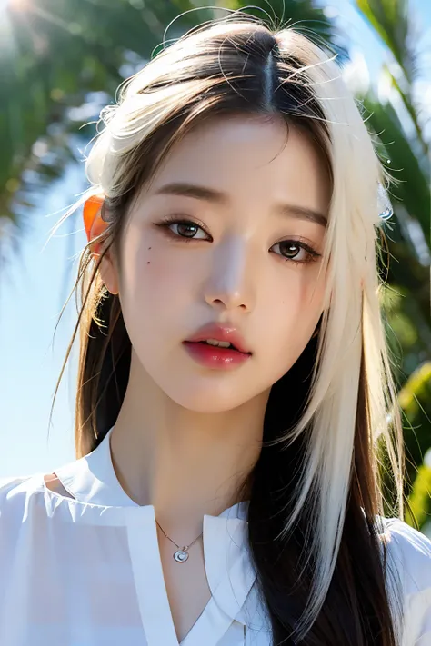 melhor qualidade, obra de arte, ultra-high resolution, (Fotorrealista:1.4), Foto original, 1 garota, olhando para o espectador, Cabelo loiro, Pale skin, olhos azuis, kpop idol, luz do sol 