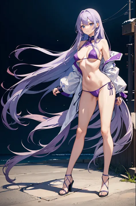 1woman, long hair, light purple hair, blue eyes, bikini, standing on ground, high res, ultra sharp, 8K, masterpiece