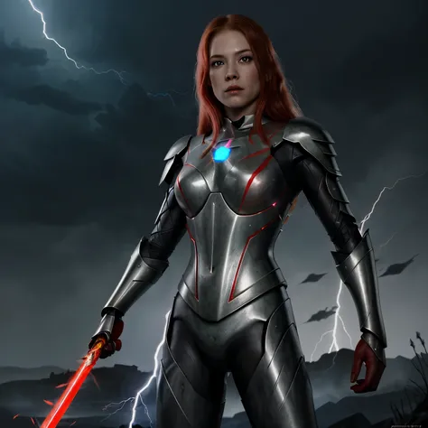 Illustration, suit of armor with red eyes, lightning powers, lightning sword