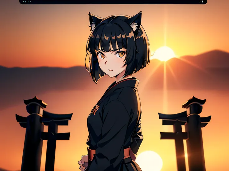 masterpiece, (black hair), best quality, cat ears, short bob haircut, black , torii gate, amber eyes, ((4k wallpaper, sunset)), solo, teenage girl, (japanese school uniform), ((black uniform)), (((high detail)))