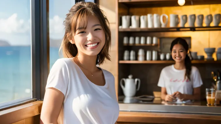 super high quality, Fashion Model, smile, Slender, The staff is working at the counter in the back., (8k、RAW Photos、highest quality、masterpiece:1.2), (Realistic、Photorealistic:1.37), Beautiful Face , Mesh Hair, Golden Ratio, Raw photo, Light Brown Hair, Sm...