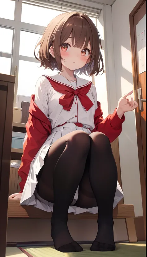 1girl in、Front-facing、Composition from below、Full body portrait、brown haired、Medium haircut、red blush、Absolute Area、knee sox、knee high、stockings、panthyhose、lacepantyhose、White underwear、No shoes、White pleated skirt、student clothes、Japan High School Student...