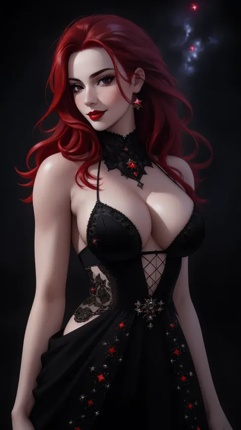 (Masterpiece - Ultra-Detailed, High Resolution)  ((vivid red hair)), mature woman, 30 years old, diamond face, red starry sky background, depth of field, magic, big red lips, ((dark and black eyes)) black and red long and full dress, covered chest, mystica...