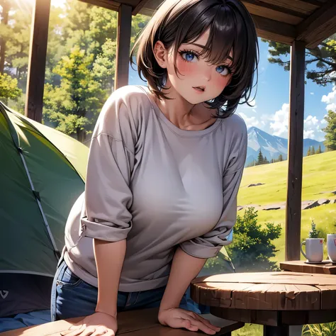 high-definition image, best quality, (round face), posing, eyes realistic sizing, drooping eyes, white casual clothes, straddling a table corner to hit her crotch for self pleasure , showing off her natural female body, big sky, mountains, in the forest, s...