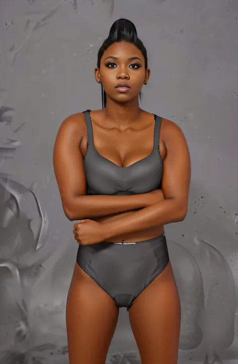 ((masterpiece, best quality)), ((((perfect anatomy)))), (27 year old)), (((Curvy))), (((Black woman with long black ponytail)), in black sports bra, ((black high cut  panties)), dark makeup, Standing in front of a grey screen, (((photo realistic)))