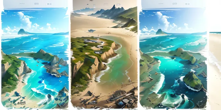 Three different beach photos，Lots of water and sky on the beach, Landscape Art Detail, Landscape Artwork, very Detailed background, Island Background, Amazing wallpapers, background technologywork, Beautiful background, environmental concept art, Concept a...