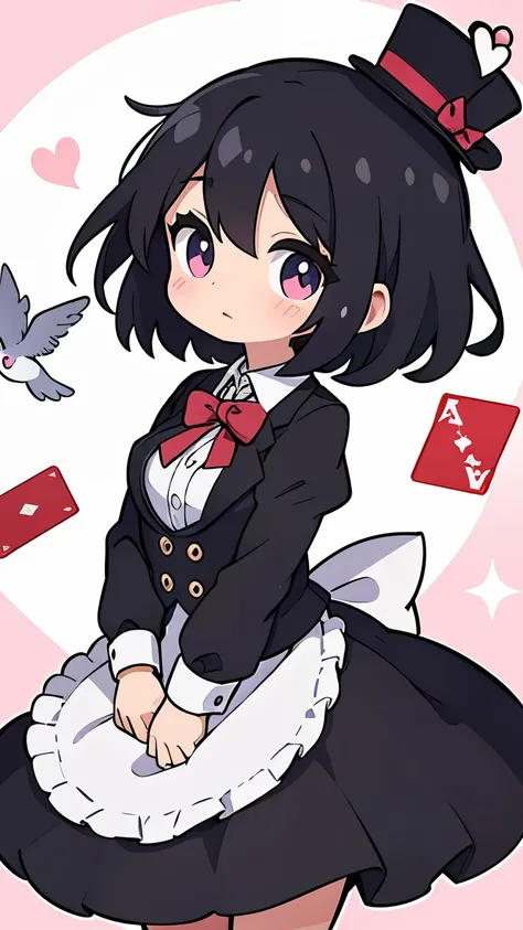 Magician girl top hat dove cards flying around black hair bob 