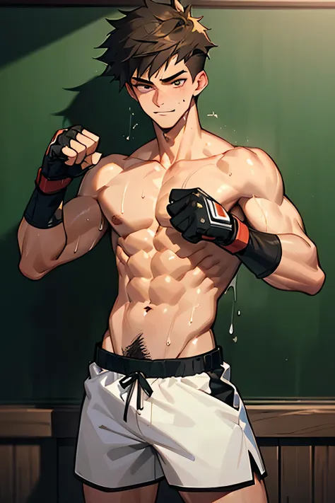 a shirtless exhausted 19-year old handsome caucasian male in faded haircut, mma gloves, fighting shorts, cute, handsome face, six-pack abs, beautiful body, well-defined body, dripping sweat, drenched with sweat, tired smile, standing infront of a blackboar...