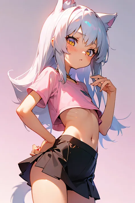 1girl, silver hair, golden eyes with pupils, ((skinny)), ((petite)), short, small, ((neko)), (cropped solid pastel pink tshirt), long hair, short skirt, (((kid))), cat ears, happy, blush, flat chest, midriff, at school, hand on tummy