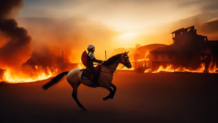 Future Tech Warrior，White Armor，white helmet，horse riding，City background，Red sky，sunshine，flame，Fire，The house is on fire，Armed with a water gun，Masked，Textured Helmet，Punk，City Streets，Running horses，modern city