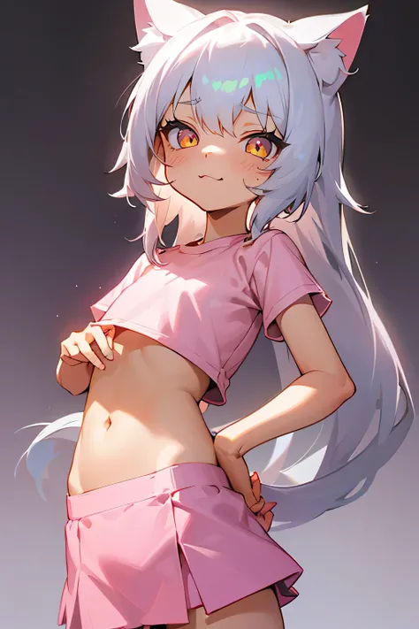 1girl, silver hair, golden eyes with pupils, ((skinny)), ((petite)), short, small, ((neko)), (cropped solid pastel pink tshirt), long hair, short skirt, (((kid))), cat ears, happy, blush, flat chest, midriff, at school, hand on tummy, belly rub