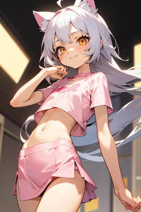 1girl, silver hair, golden eyes with pupils, ((skinny)), ((petite)), short, small, ((neko)), (cropped solid pastel pink tshirt), long hair, short skirt, (((kid))), cat ears, happy, blush, flat chest, midriff, at school, hand on tummy, belly rub