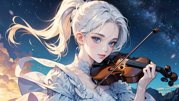 8K, obra de arte, mulher, pale skin, cabelo preso branco, olhos de cristal, vestido branco, 4k, anime, starry sky, looking at the sky, ponytail,Violin playing, beautiful and detailed eyes, smile, highest quality, super high resolution, super detailed depic...