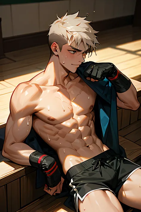 a shirtless exhausted 19-year old handsome caucasian male in faded haircut, mma gloves, fighting shorts, cute, handsome face, six-pack abs, beautiful body, well-defined body, dripping sweat, drenched with sweat, tired smile, sitting in the classroom with o...