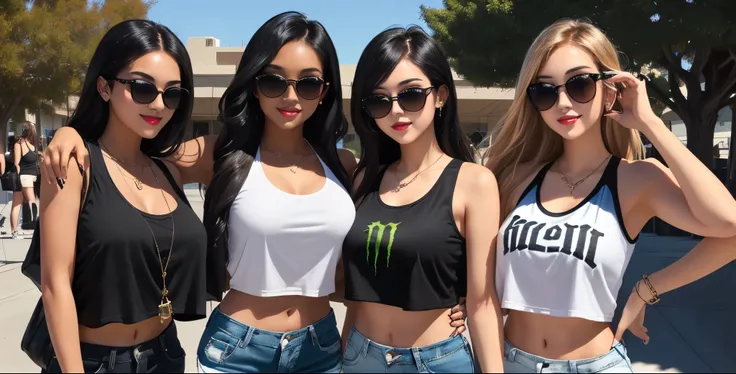 these are three women in black outfits posing for a picture, edm fans, wearing shades, cute girls, perfectly shaded, college girls, dabbing, california;, big sunglasses, girl drinks monster energy, amazing shades, various posed, tight black tank top and sh...