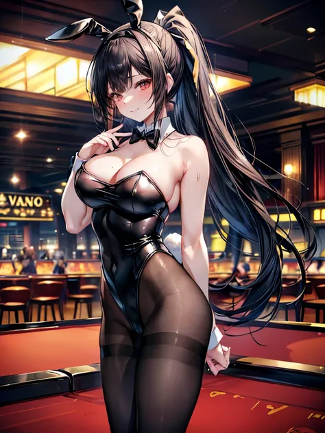 highest quality、Nice sexy body、One Woman、solo、(Beautiful busty woman:1.5)、Woman with ponytail、((Black-haired woman))、((A woman wearing a black bunny girl leotard))、A woman wearing a bunny girl headband、((A woman wearing black pantyhose))、Woman wearing a bl...