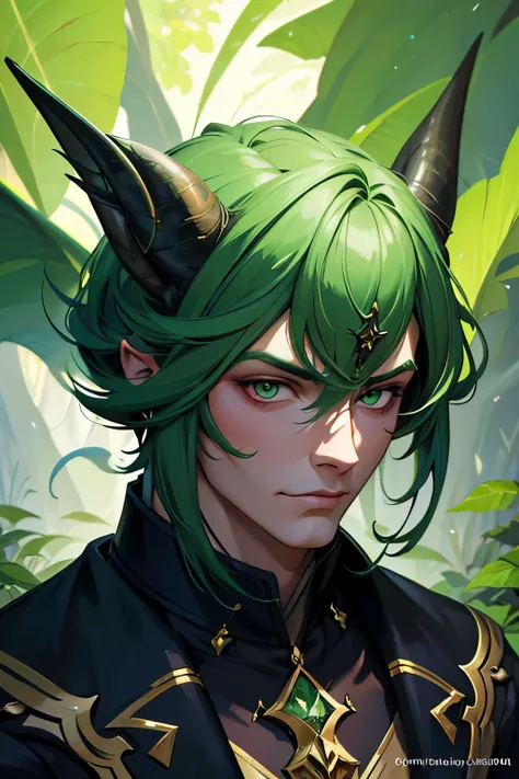 character, high resolution, digital art by loish + rossdraws + artgem + sandara, brush strokes, painterly, impressionist style, dorse, face, artistic, homen, demon, natureza, folhas, verde, verde escuro, plantas