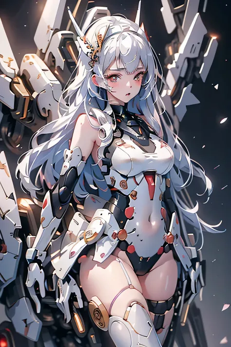 (best quality)), ((masterpiece)), (Very detailed: 1.3), 3D, {(1 girl)}, (wear Dark Blue Old School Swimsuit under armor:1.2), No armor belt, wears a futuristic white Gundam mecha,(Gundam), With a tiara, With V-fins , Armor Shoulder,Armed under the arm, Arm...