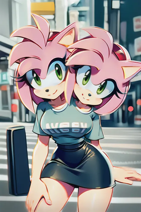 Amy Rose, 1girl, solo, looking at viewer, smile, high-waist skirt, hairclip, t-shirt, city background, off-shoulders, (2heads 1.5),